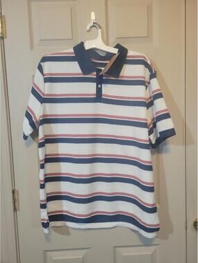 Men's Striped Polo Shirt with Blue and Red Accents